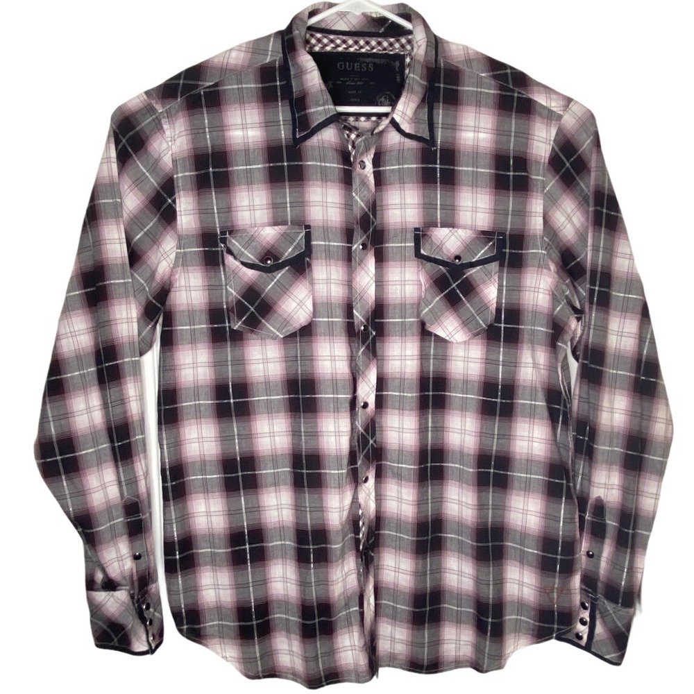 Guess Western Pearl‎ Snap Shirt Mens 2XL Plaid Flip Cuff Cowboy Urban Americana